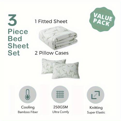 juego de 3 piezas de sábanas ajustadas de fibra de bambú, refrescantes y ultra , protector de colchón transpirable con bolsillo profundo (1 sábana ajustada + 2 fundas de almohada con cremallera, sin relleno)