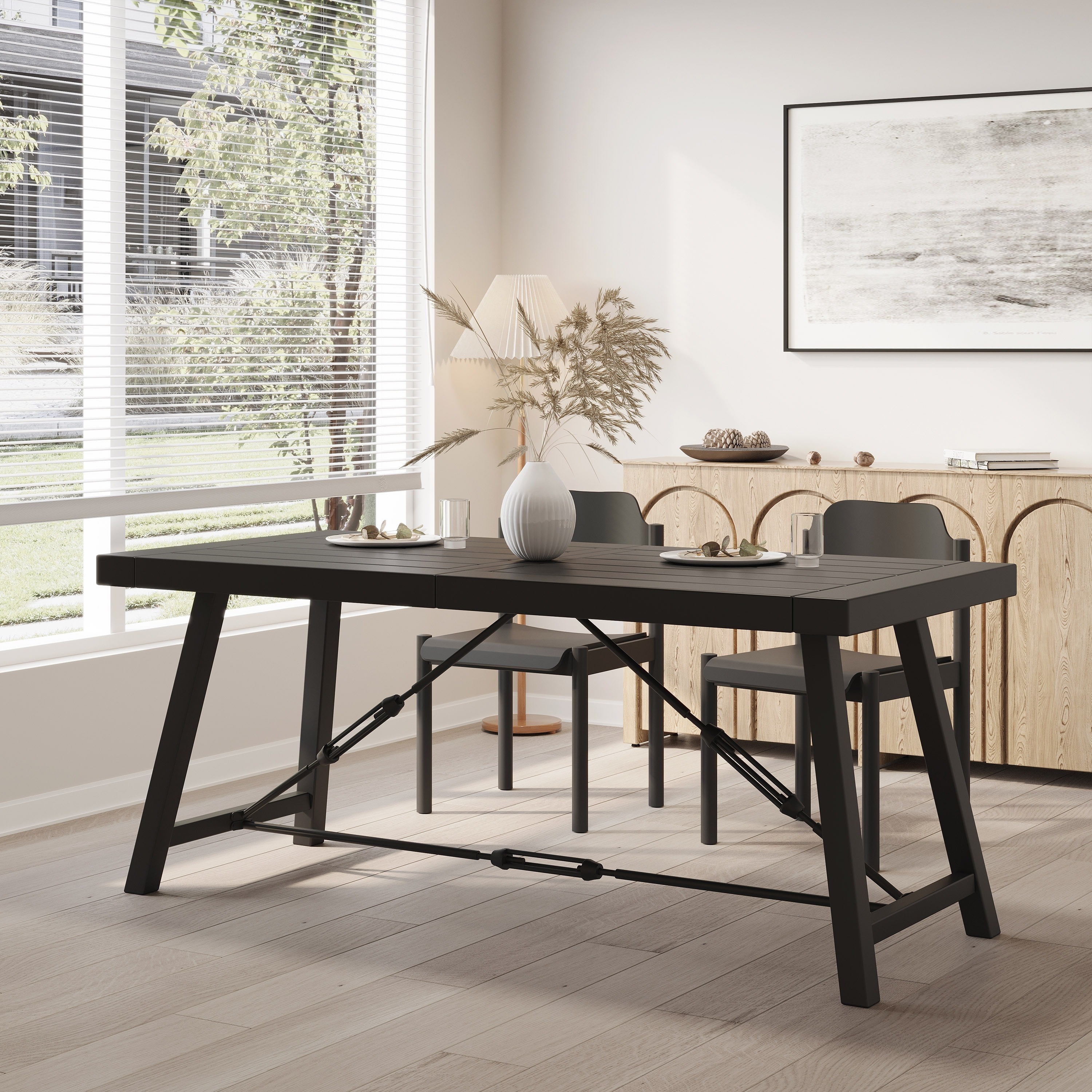 

Modern Dining Table With Solid Wood Top And Metal Base