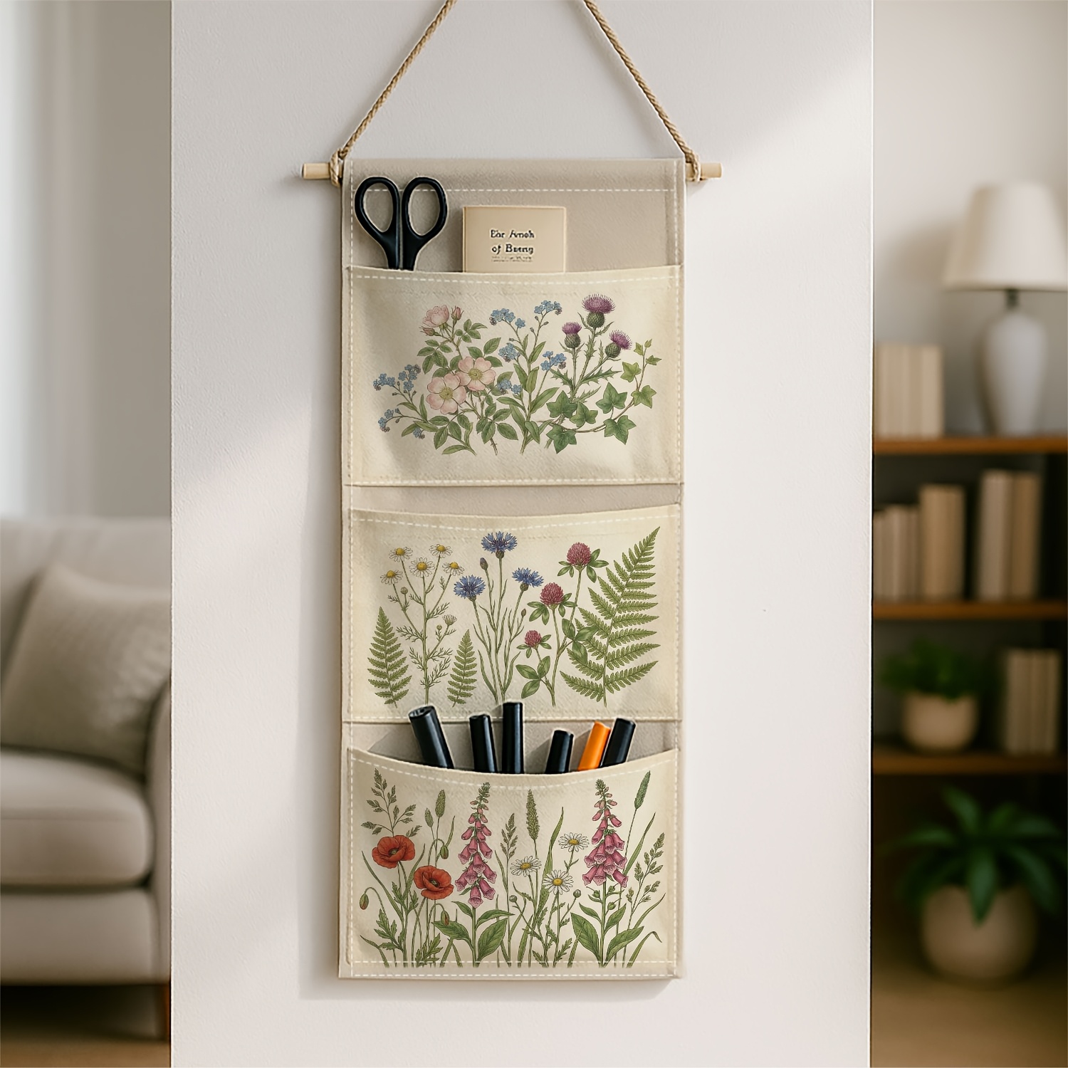 TEMU 1pc Rustic Botanical Wall-mounted Storage Bag For The Bedside, Garden Beige, Ideal For Hanging Behind Doors. It Features A 3-layer Design For