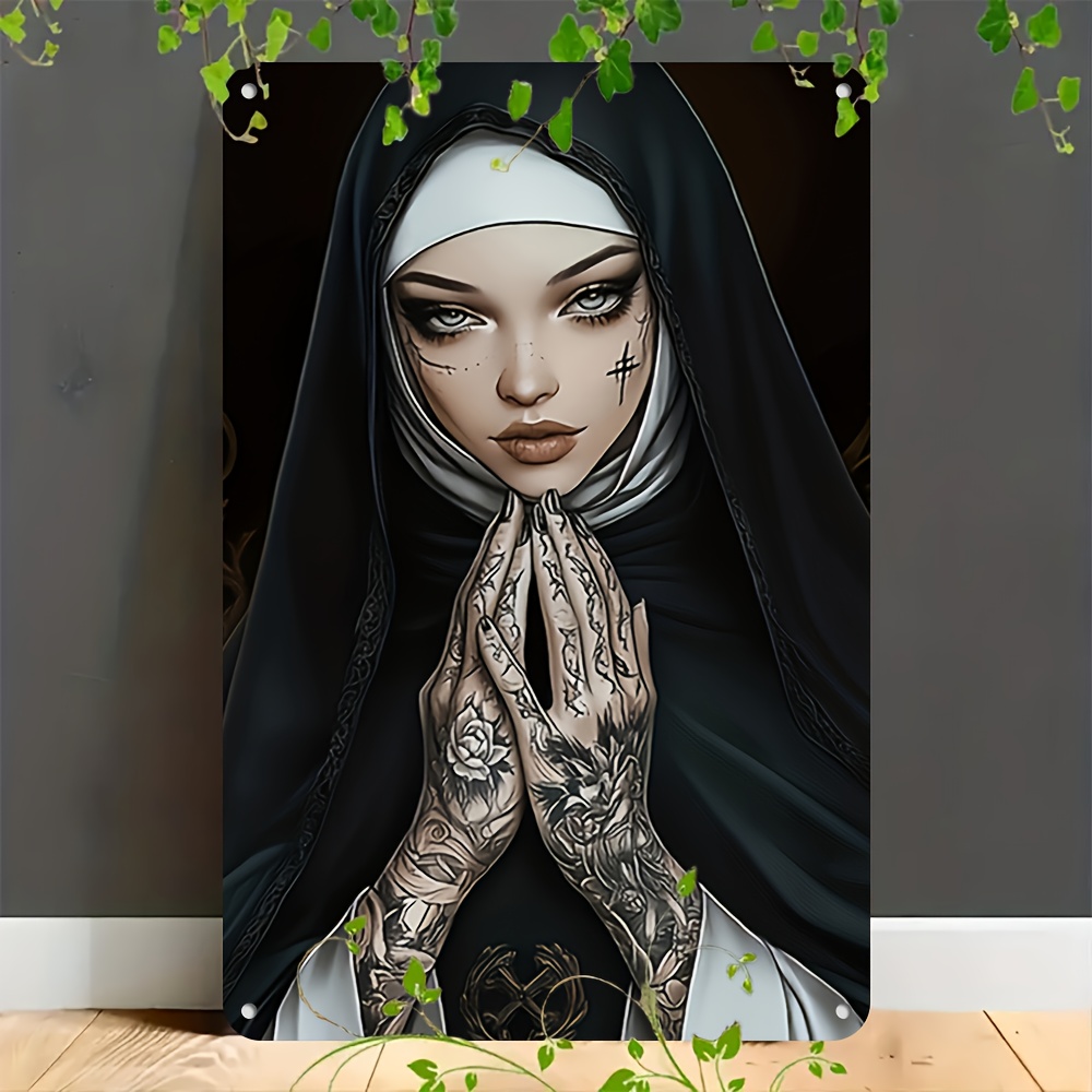 TEMU 2d Flat, 1pc Nun Tattoo Art Poster - Gothic Nun With Tattoos, Black And White Religious Wall Decor, Durable Wooden Sign, Suitable For Home,