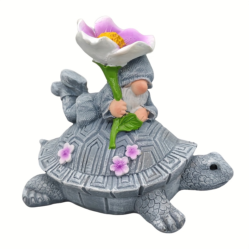 Image of 1pc Courtyard Outdoor Decoration Resin Gnome Climbing Turtle Holding Flower Outdoor Statue, Suitable For Outdoor Garden, Lawn, , Steps, Pond Steps, , And Rock Decorations