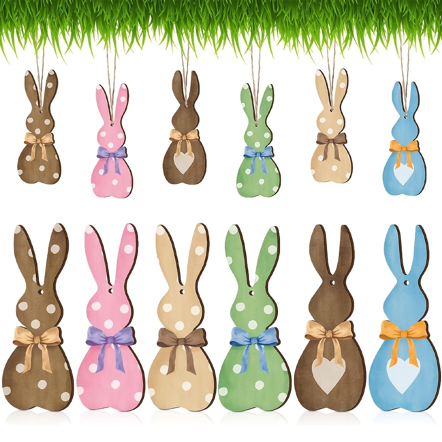 

24-pack Wooden Easter Bunny Ornaments, Assorted Colors, Hanging Bunny Decorations With String For Easter Basket Tags, Spring & Holiday Party Home Decor