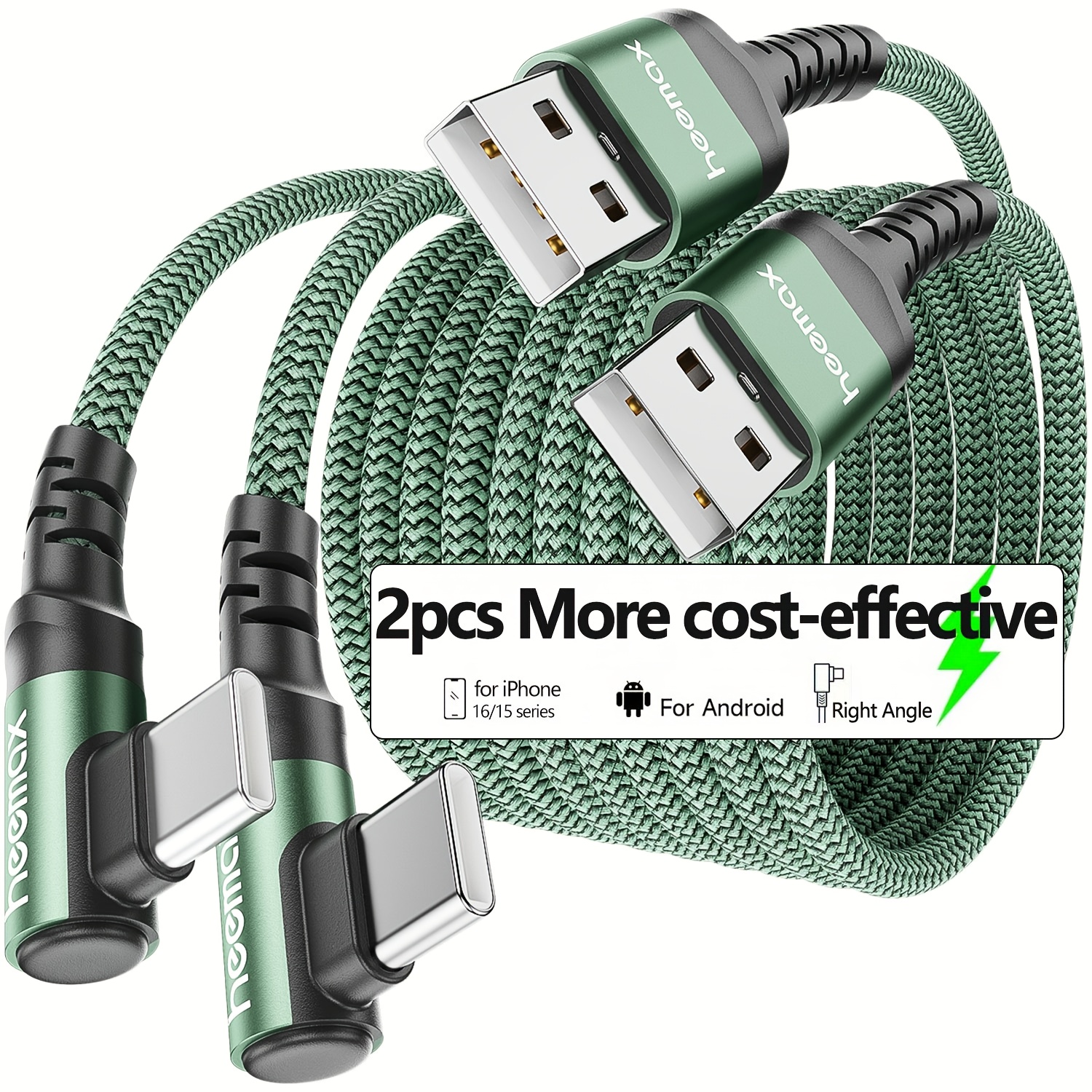 Set Of 2, 60w Rapid Charging Cables, Type C Fast Charger, Right-angle Usb To Usb C Braided Charging Cord
