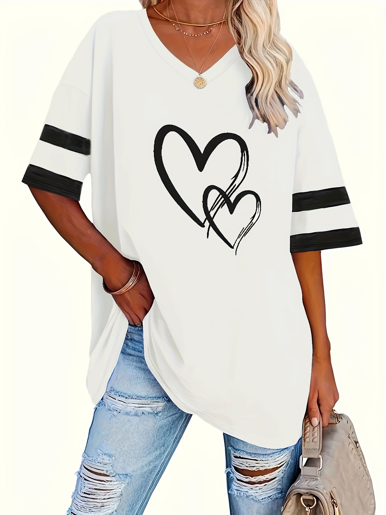 Women's Casual V-Neck Short Sleeve T-Shirt - Royal Blue with White Heart Print, Breathable Fabric, Machine Washable for Spring Summer Fall, Seasonal Fashion, Striped Detailing, Relaxed Fit Shirt