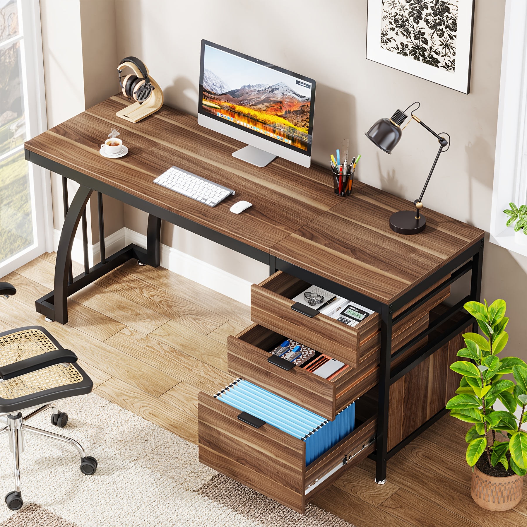 59-Inch Industrial Computer Desk with 3 Reversible Drawers & File Storage - Brown Engineered Wood & Black Metal Workstation, Adjustable Foot Pads, Smooth Edges, Easy Assembly for Home Office, Desk Accessories Office, Sturdy Construction, Study Writing Table, Rustic Furniture, Highquality Materials, Remote Workers