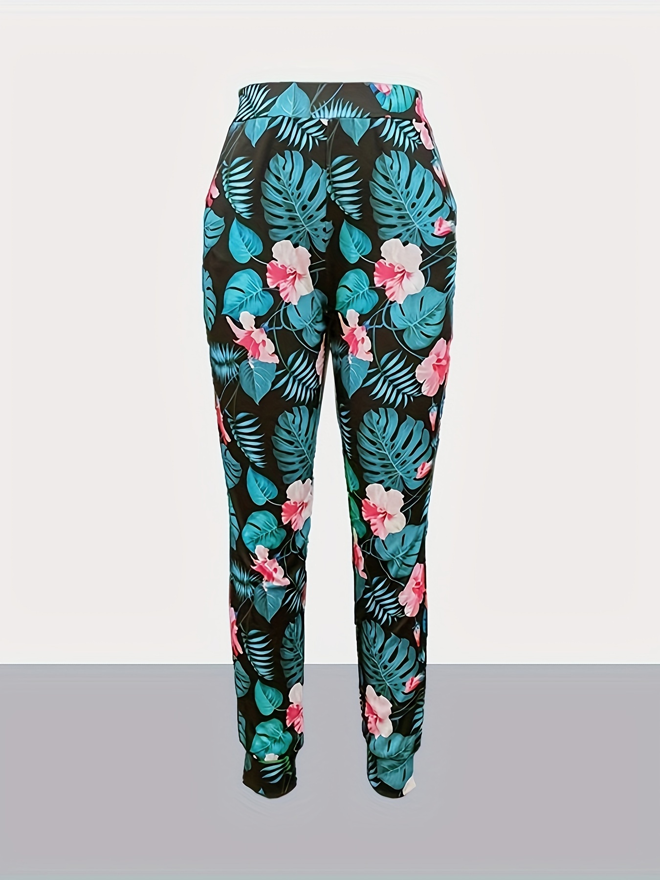 Women's Floral Print Jogger Pants Elastic Waist Casual Lounge Pants with  Tropical Leaf Design Machine Washable Long Pants for Running, Yoga