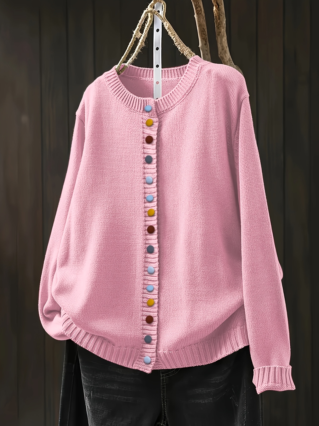 plus size plus size womens casual cardigan with colorful button embellishments black long sleeve round neck spring autumn winter layered open front sweater medium stretch fabric non see through material pink 0