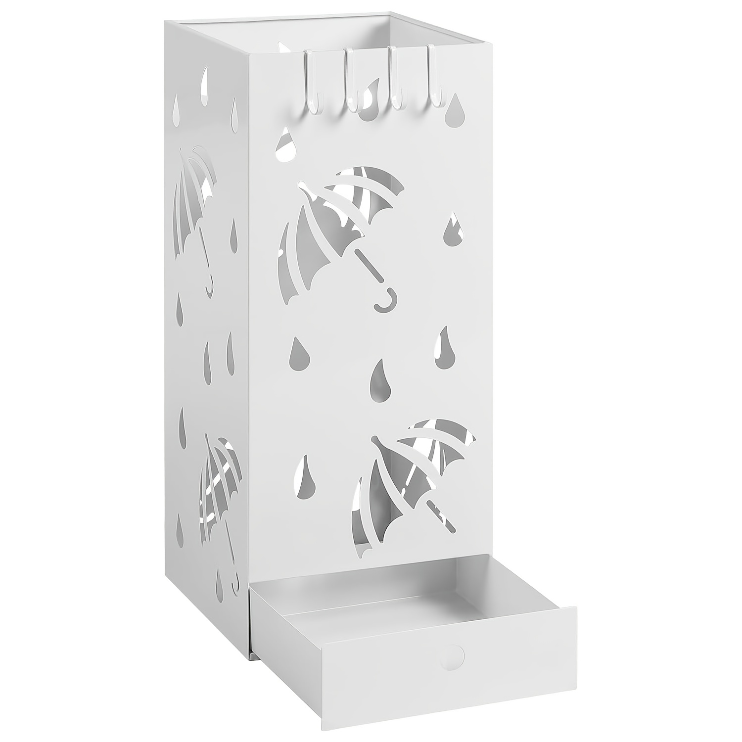 Image of 1pc Of Umbrella Holder, Square Design, Made Of Metal With A Detachable Tray For Water Collection, Features 4 Hooks, Decorated With An Umbrella Pattern, Dimensions 20 X 49 X 20 Cm, In White And