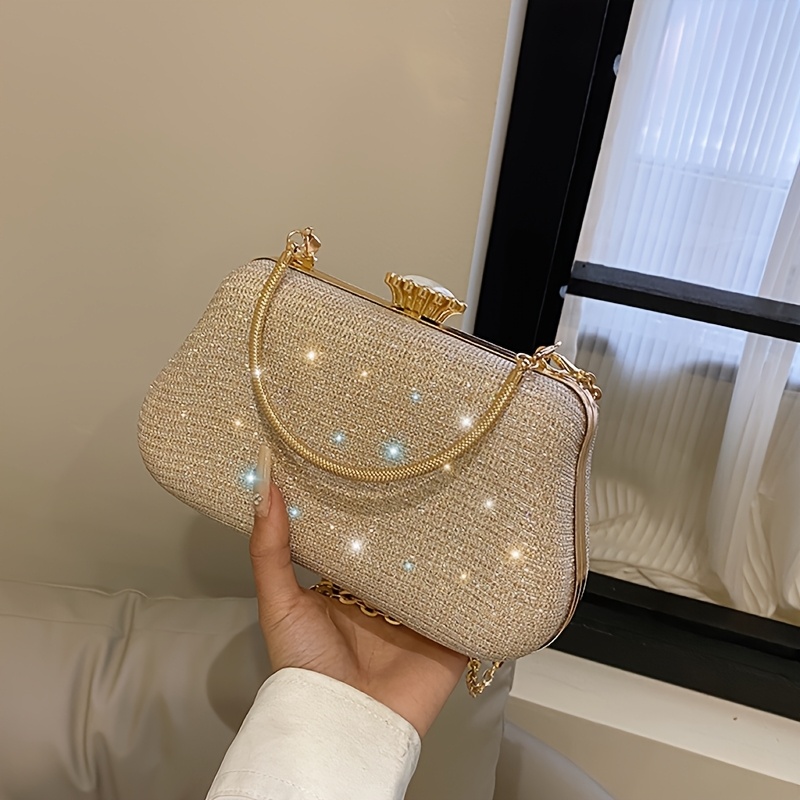 

Elegant Mini Evening Clutch Bag With Top Golden Handle, Perfect For Parties, Classic Decorative Handbag For Music Festivals