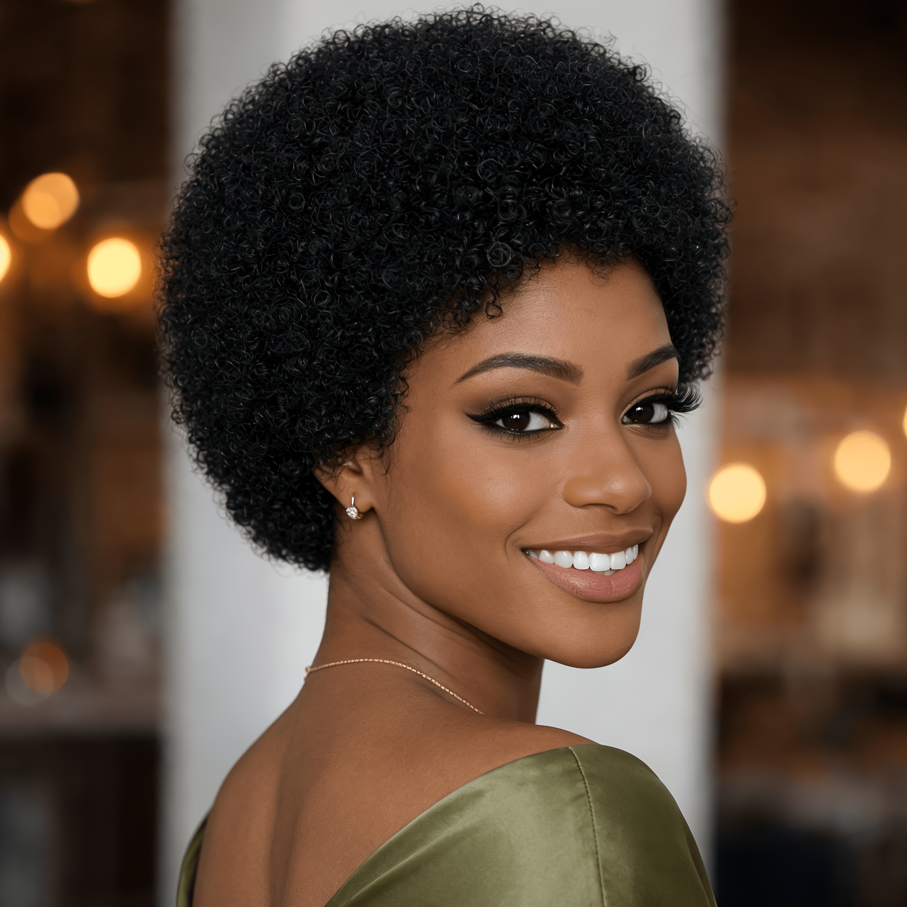 Image of Charm Women's Short African Curly Bobble Wig - Brazil Real Hair, Non Glue Mesh Hat, Fluffy Style, Machine Made - Suitable For Daily Wear, Carnival And Party Use, Party Hair Accessories | Curly Wig