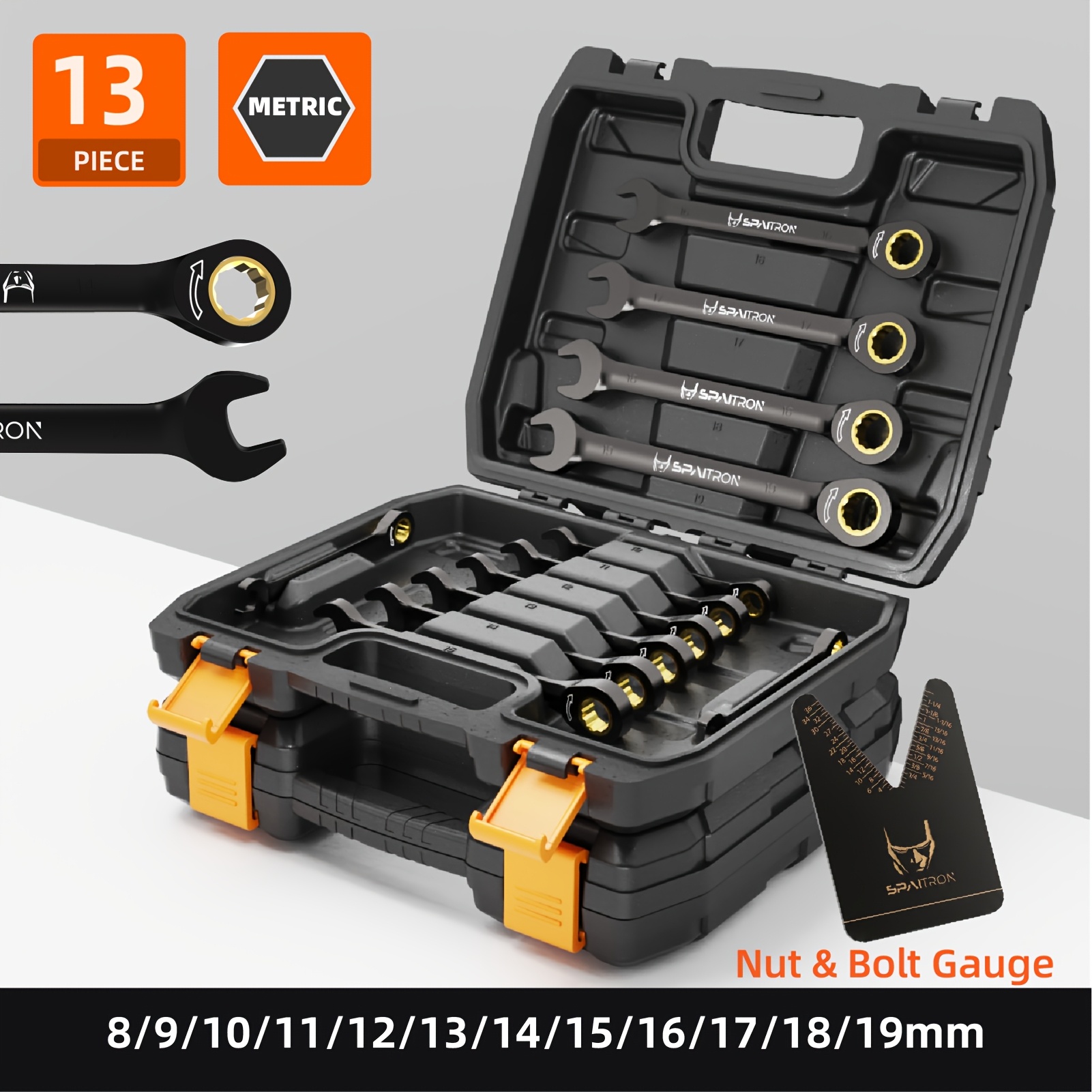 TEMU SPAITRON Jeu de clés à cliquet 13/9 pièces, métrique 6-19 mm, 72 dents, , robuste, avec boîte de rangement et pied-à-, pour outils à main de