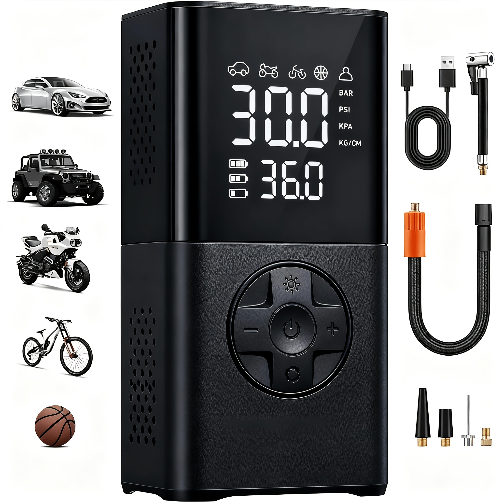 TEMU Portable Tire Inflator With Digital Pressure Gauge, Rechargeable Battery, Led Light, Cordless, Suitable For Cars, Motorcycles, Bicycles, And Balls