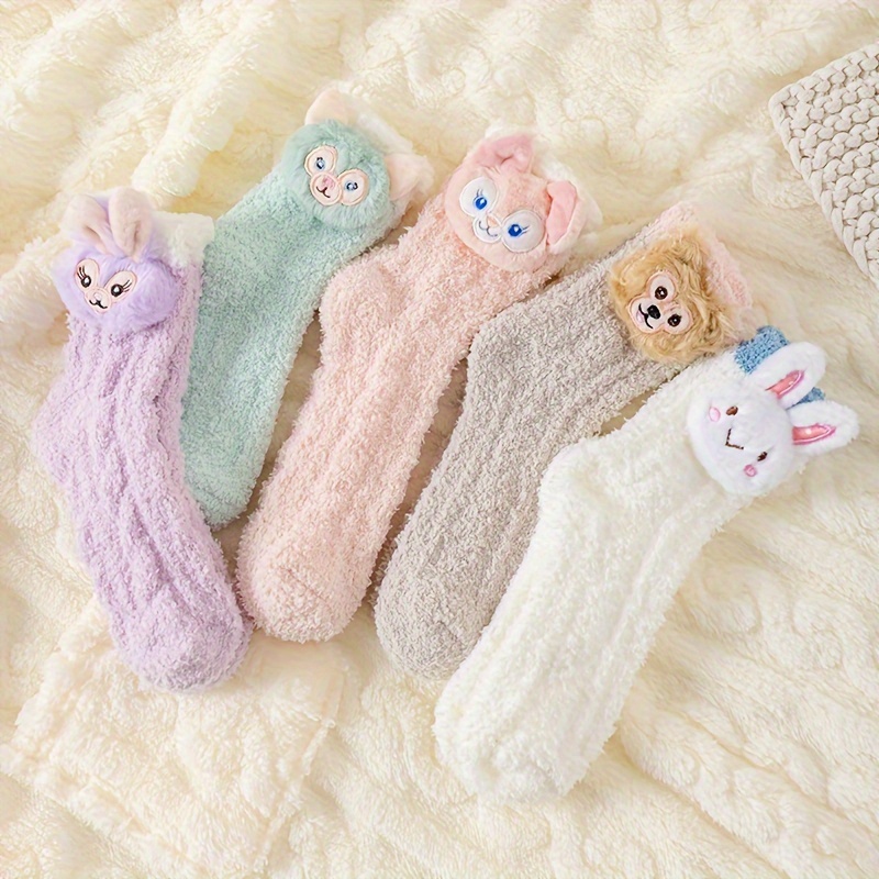 

5 Pairs 3d Animal Decor Socks, Cute Ab Style Fuzzy Coral Fleece Floor Slipper Socks For Fall & Winter, Women's Stockings & Hosiery