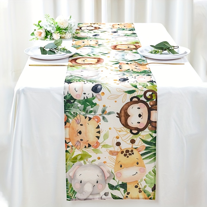 

1pc, Jungle Animal Linen Table Runner, 183*33cm, Machine-made, Green Party Decor, Themed Birthday & Baby Shower Supplies, Home Kitchen Party Tablecloth