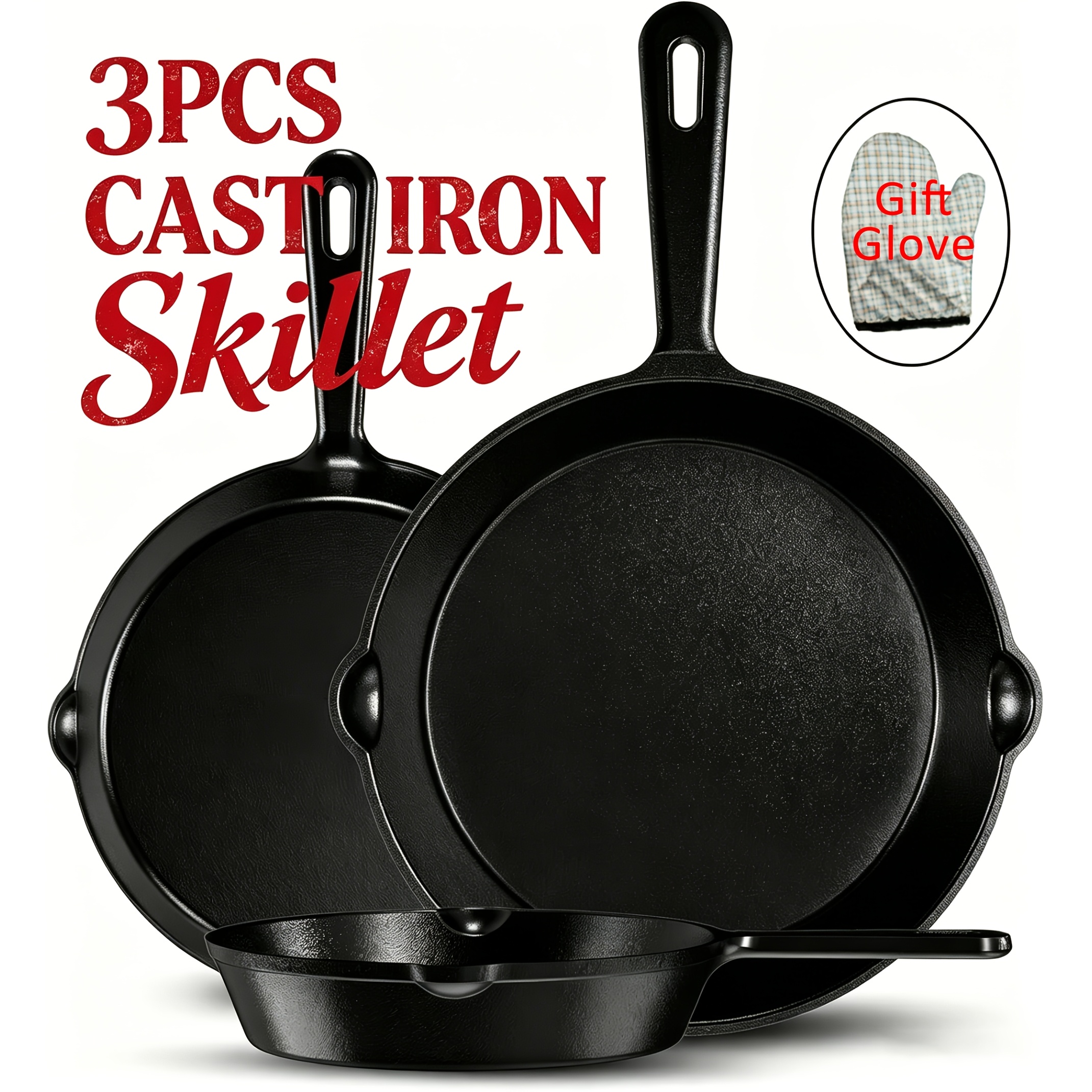 3pcs Set Cast Set Cast Iron Pan Without Coating Set 6. 69 Inch 8. 23 Inch 10. 63 Inch Cast Iron Frying Pan Household Pan Kitchen Accessories Chefs Heat Vegan Recipe Ready