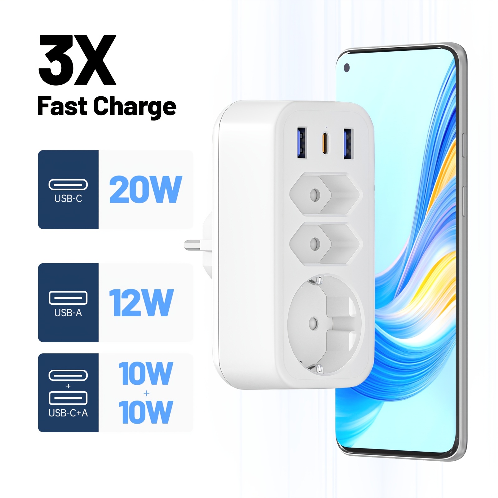 6-in-1 Power Strip, 3 Ac Outlets + -a +1 Usb-c Ports (20w Pd Fast Charging), With Protection, Ideal For Travel, Office, Living Room, Bedroom And Daily