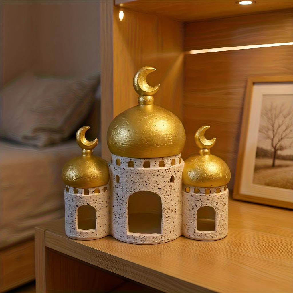 A Decorative Piece Featuring a Golden Roof And White Walls, Resembling an Islamic. This Arab-Style Architectural Ornament Is Perfect for Indoor Decor, Especially During Ramadan, Eid Al-Adha