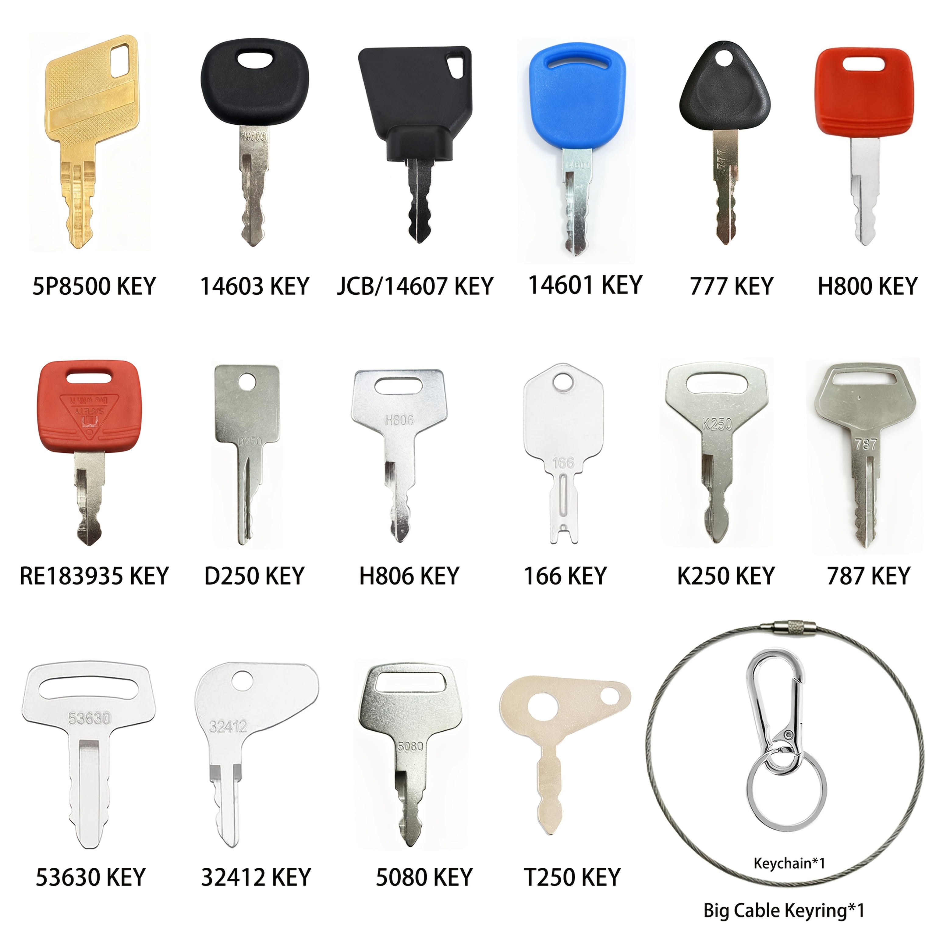 TEMU 18pcs Universal Heavy-duty Equipment Set, Multi-model Construction Machinery Starter Keys, Includes Keychain And Key Rings, Suitable For