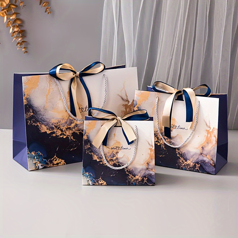 

1pc Marble Pattern Package Shirred Gift Bag, Elegant Two-color Ribbon Tote Bag High- Shopping Bag, Wedding Bridal Bridesmaid Gift Birthday Party Gathering Gift Packaging Bag