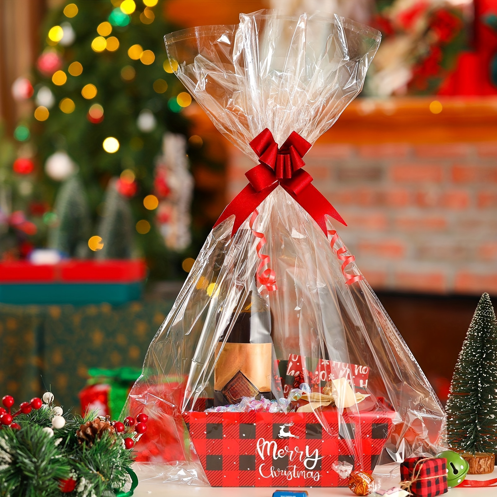 36pcs Bulk Christmas Gift Basket Set - Sturdy Cardboard Baskets with Red Buffalo Plaid & Pull Bows (12 Baskets + 12 Bows) Large Holiday Boxes for Xmas Stocking Stuffers, Party Favors, Corporate Gifts - Easy Assembly