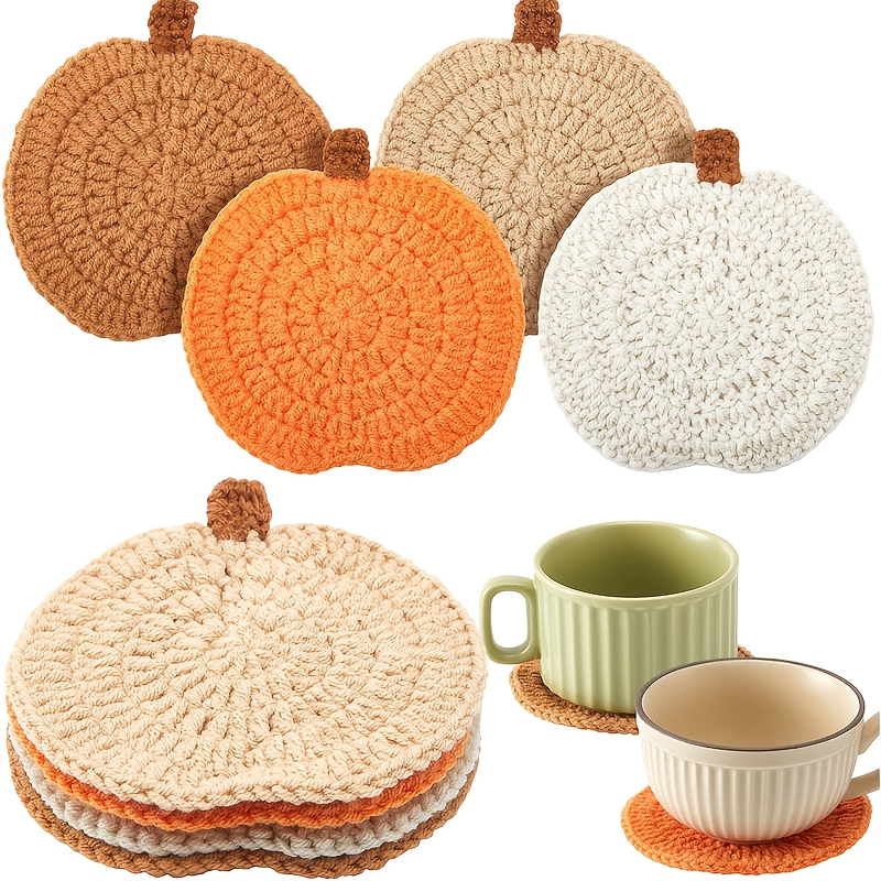 TEMU 4pcs Handmade Crochet Pumpkin Coasters - Thick Woven Table Protectors Suitable For Thanksgiving, Halloween Party Decorations, Fall Table Setting