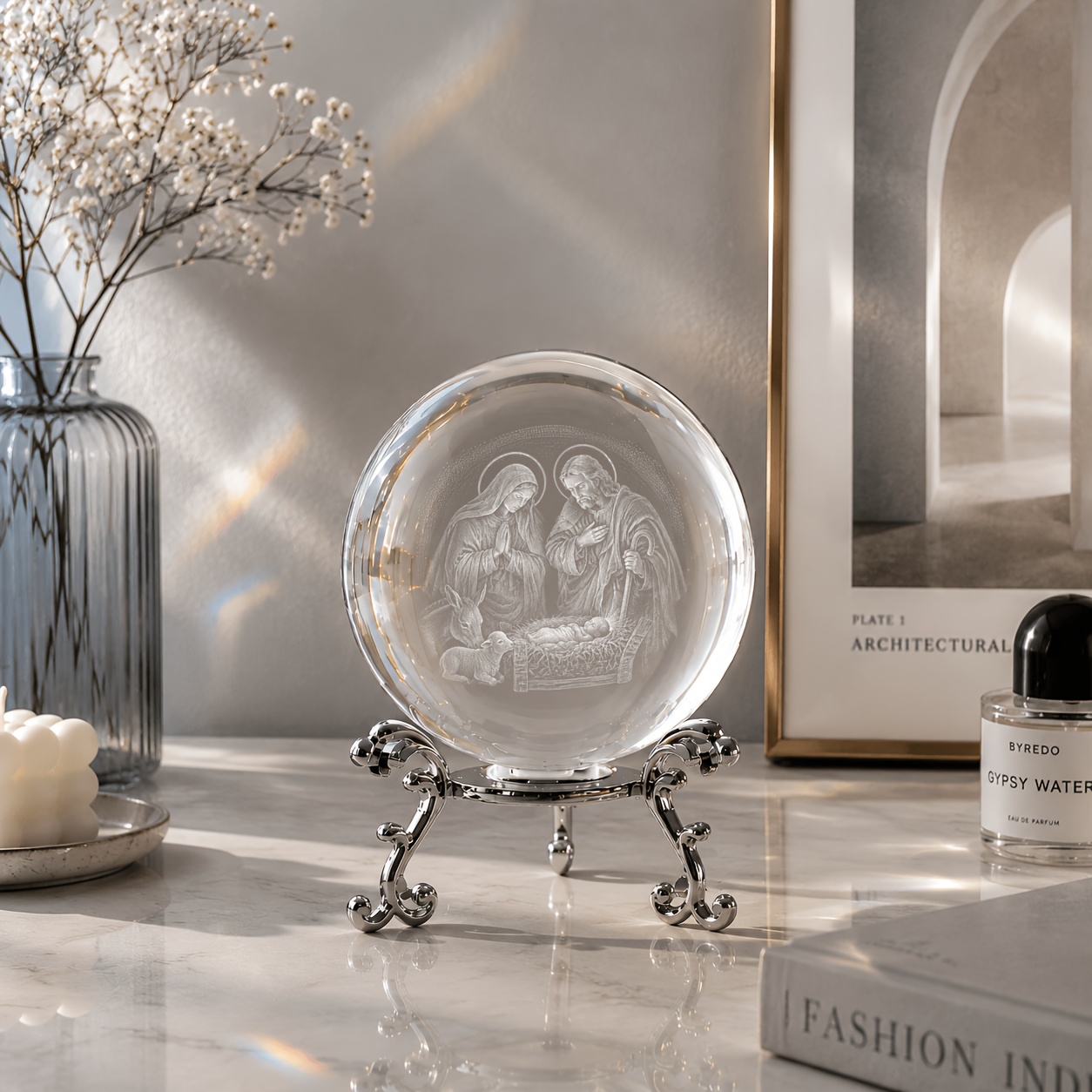 TEMU Elegante ornamento a sfera di con natalizia a laser 3D, con base argentata vintage, sfera ad , adatta per la casa, l'ufficio e l'esposizione da