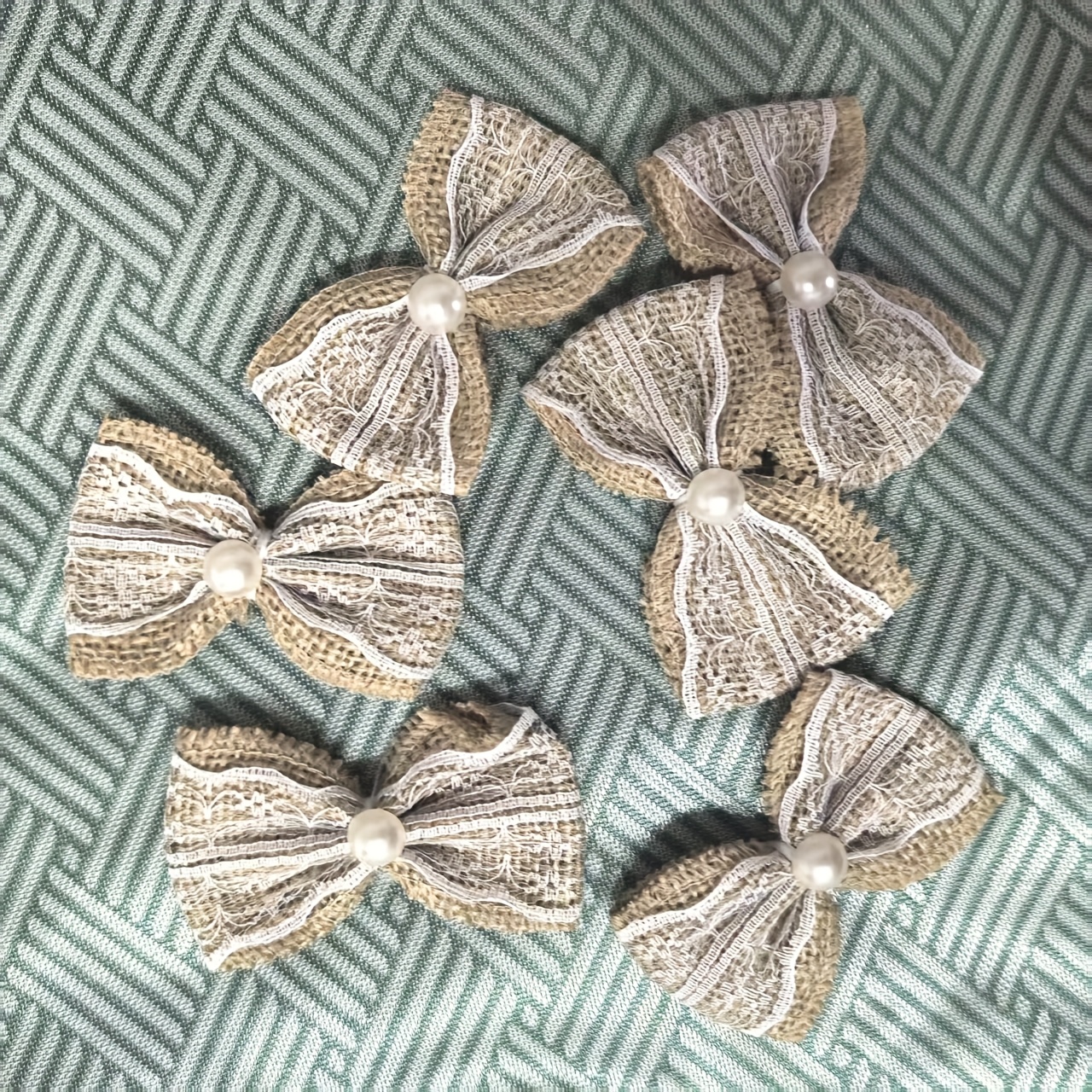 Image of 6pcs Fiber Jute Burlap Bow Knots With Beads - Rustic Bowknot Suitable For Wedding, Decorations, Shower, Wedding Favors, Gift Wrapping - Fabric Bows With Beaded Accent Halloween