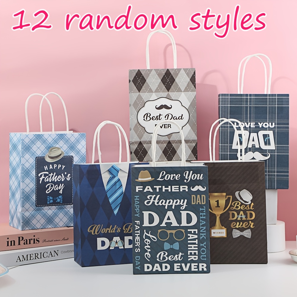 12pcs 2026 New Style Sturdy White Cardboard Paper Gift Bags Random Prints Portable Party Packaging Bags Fathers Day…: retailer-supplied image