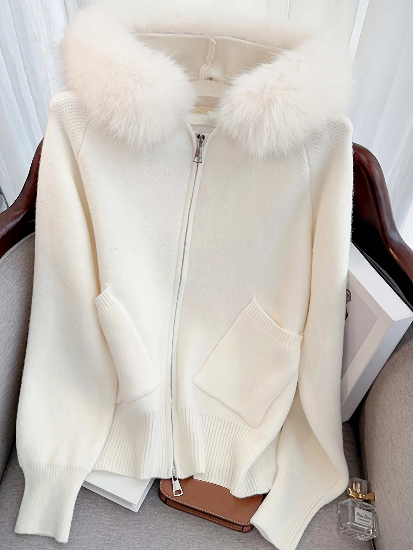 womens detachable   fur hooded zip up coat elegant winter sweater jacket with chic cold weather outerwear for everyday formal events ladies winter coats formal event attire ribbed cuffs design seasonal fashion soft texture stylish ladies 0