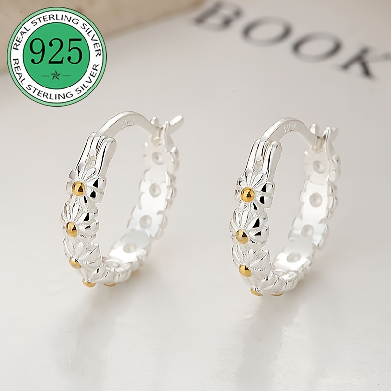 

1 Pair Sterling Silver 925 Daisy Hoop Earrings, Bohemian Style, Small Trendy Jewelry, Personalized Fashion Ear Accessories For Grandma, Mom, Girlfriend Birthday Gift, 13.6mm/0.53in