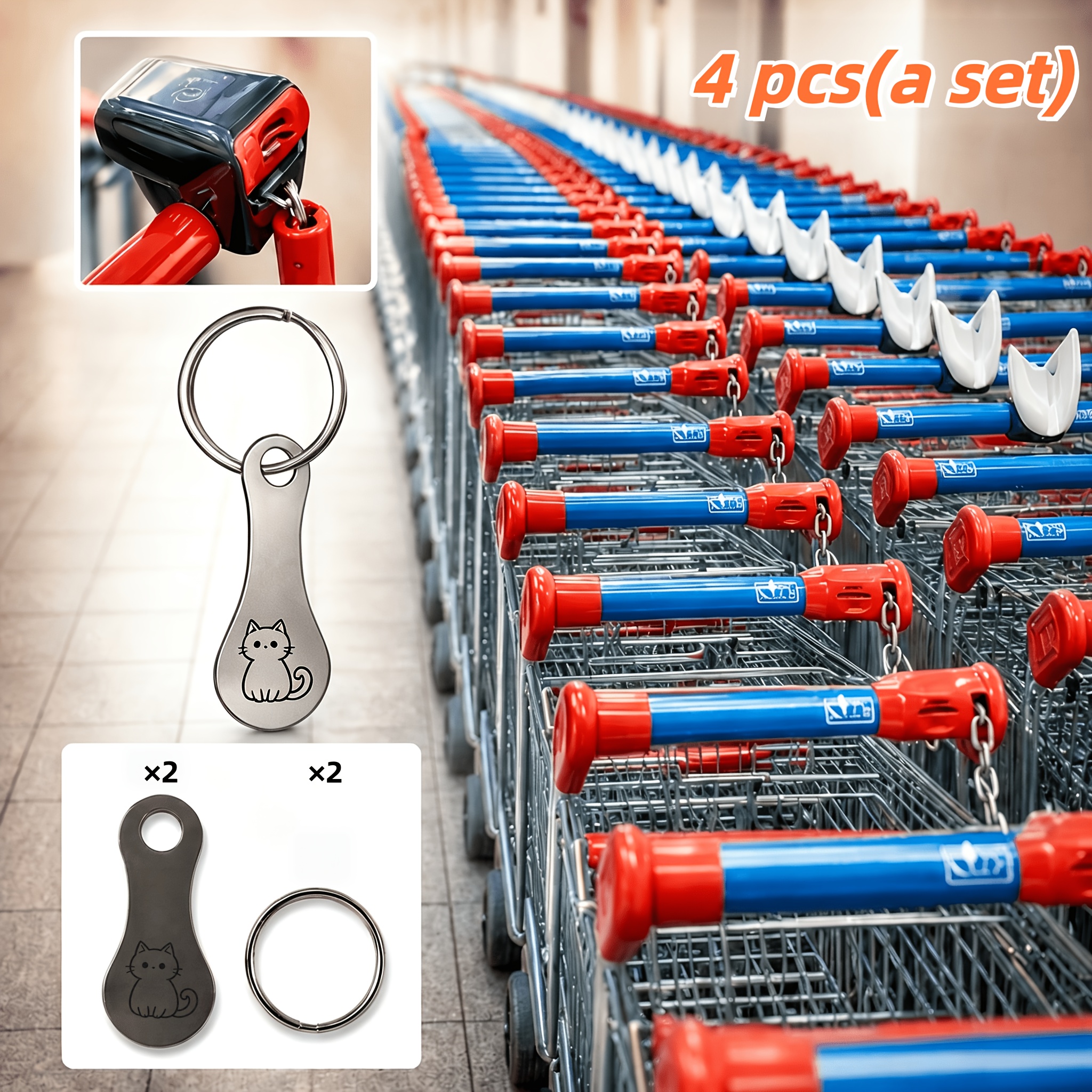 TEMU 4pcs Cat Shopping Cart Token Set - 2 Tokens And 2 Key Rings, Suitable For Shopping | Stainless Steel Shopping Cart Token Keychain With Insert
