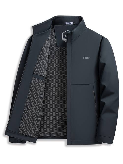 mens windproof stand collar jacket lightweight softshell with zippered pockets letter pattern black dark grey for business casual outdoor coat hand washable clean versatile all purpose outerwear