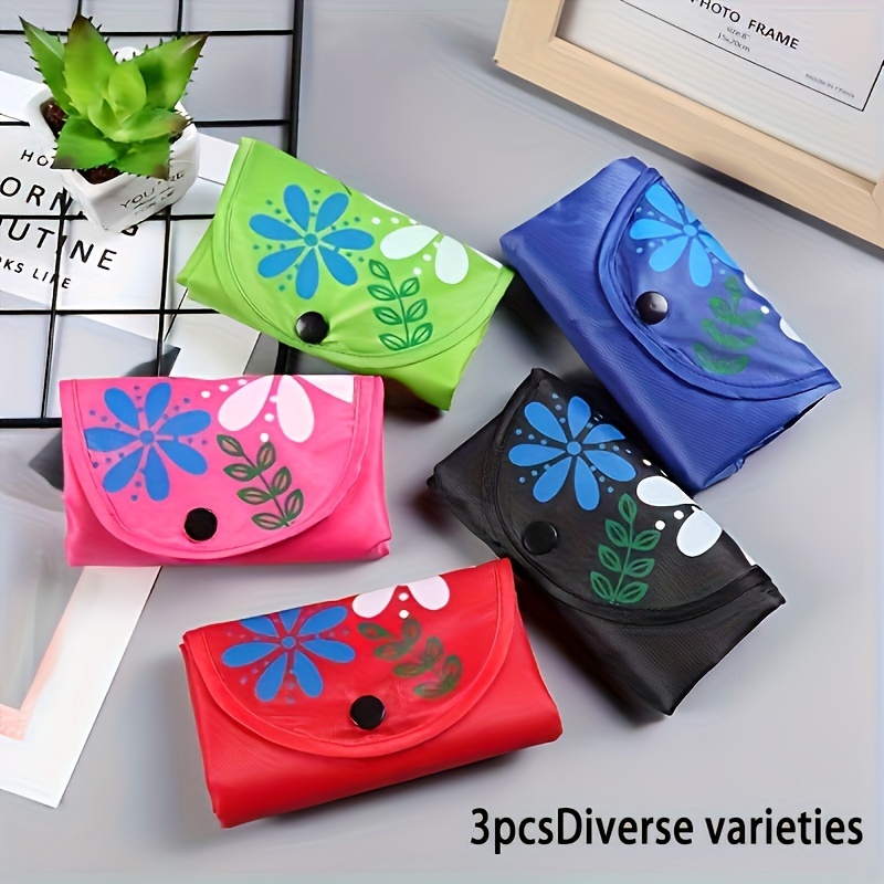 TEMU 3 Reusable Random Color Grocery Bags, Foldable Storage Shopping Bags, Printed Button Shopping Bags