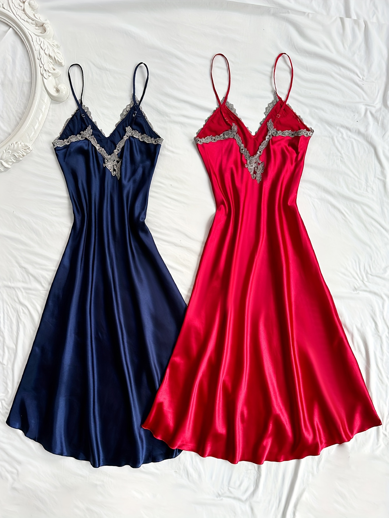 womens long lace satin camisole nightgown two - Temu