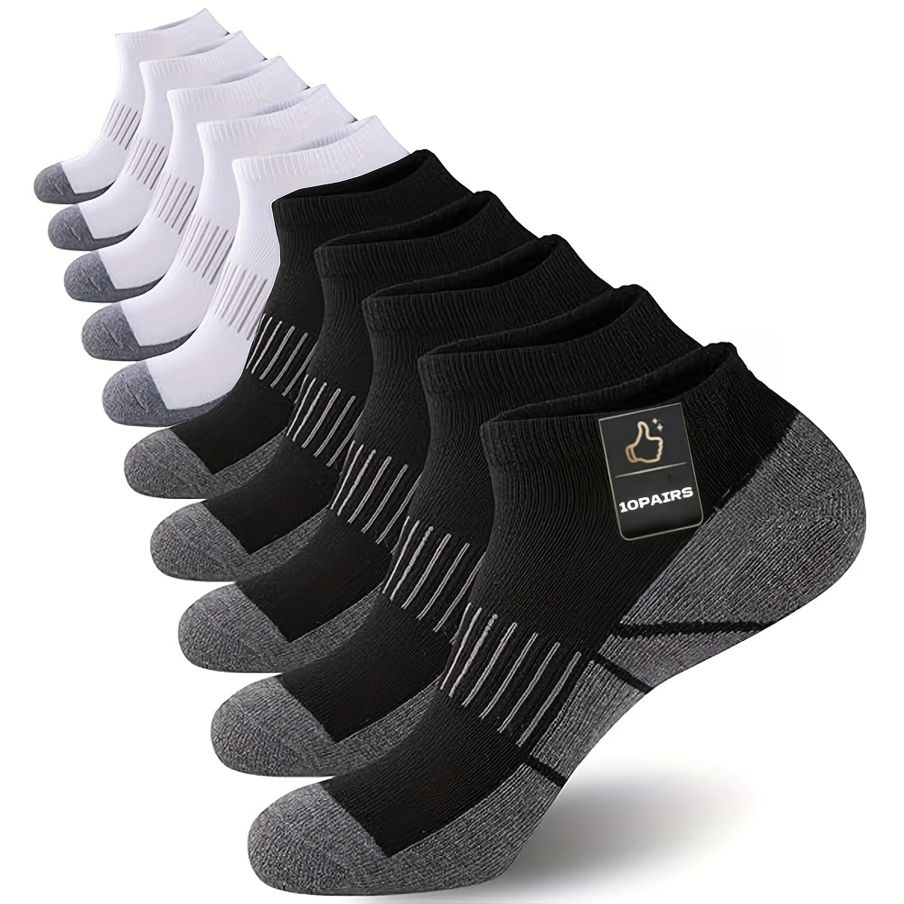 10 pairs of mens low top casual socks breathable and padded for     toe and heel elastic rib design solid color black white for daily wear cushioned and  able socks