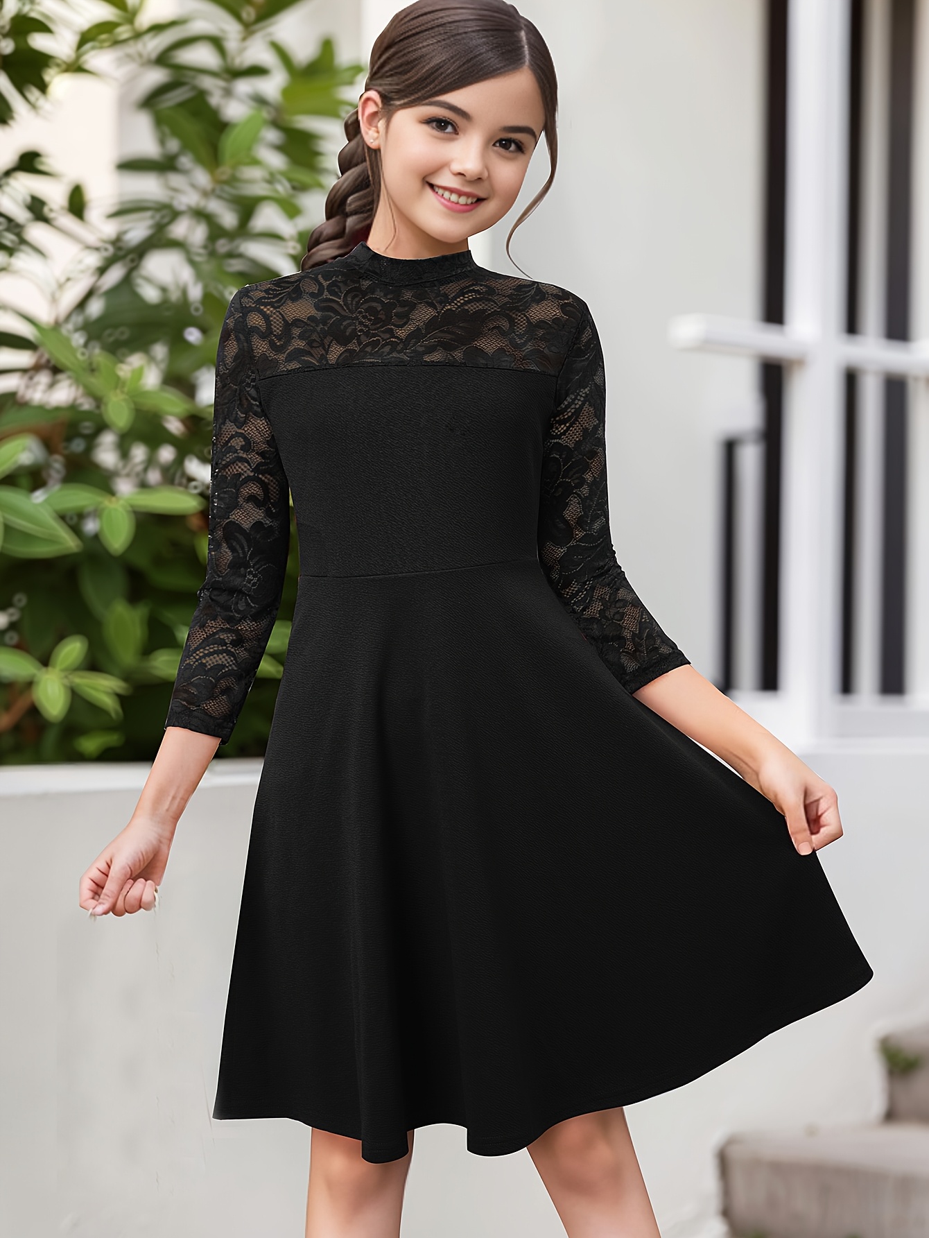 black lace dress bodycon Sheer Scalloped-Lace Long-Sleeve Mini Dress in Black - L main image 1
