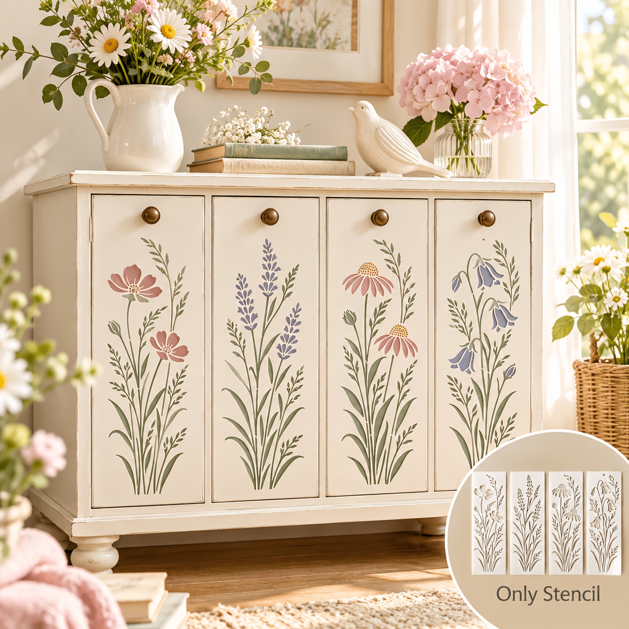 TEMU Stenbar 4 pz Stencil , Stencil Riutilizzabili in PET con , Lavanda, Margherita, Campanula per Pittura Murale, Decorazioni per la Casa, Mobili,
