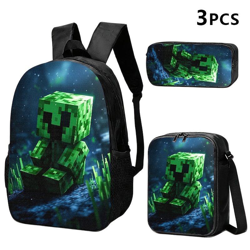 TEMU 1pc/2pcs/3pcs Sac à Dos, Sac Bandoulière et Pochette Thème Creeper avec Design Pixel Art, Fond Étoilé . Idéal pour les et les Utilisateurs
