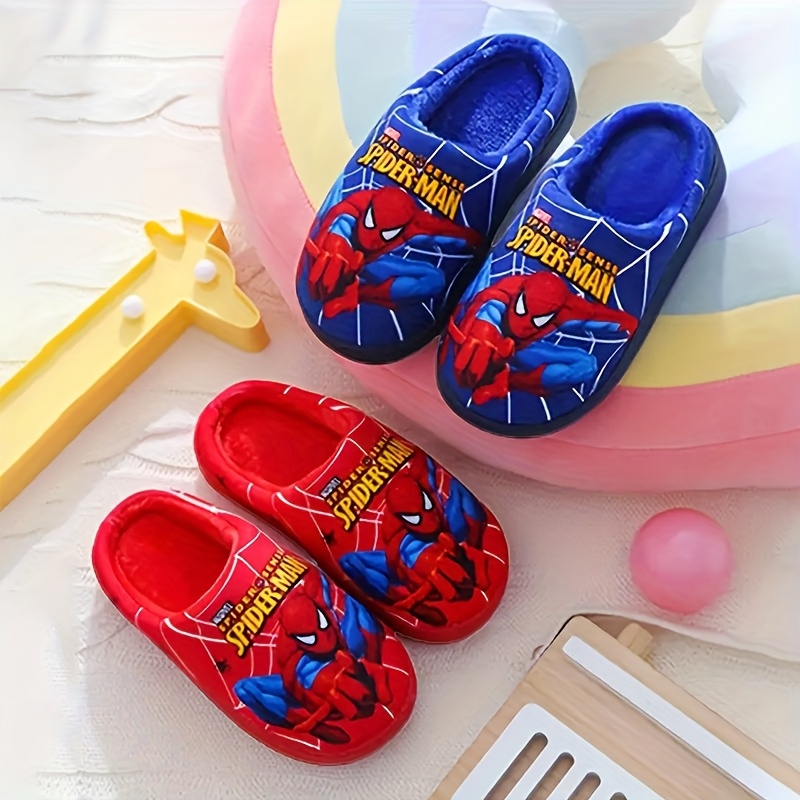 Pair of Kids' Plush Slippers with Spider-Man Print Design, New Autumn/Winter Style for Boys - Black/Blue/Red Options, Easy Slip-On Baby Shoes, Lightweight and Comfortable Indoor Floor Mats, Perfect Holiday Gift, Ideal for Fall Winter Summer, Fashion Statement, Winter Accessory, Cartoon Print, Kids Footwear, for Teenager, for Outdoor