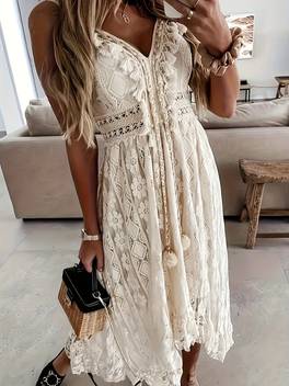 jurk met spaghettibandjes, elegante jurk met franjes en een gedipte zoom, mouwloze kanten cami jurk, dameskleding