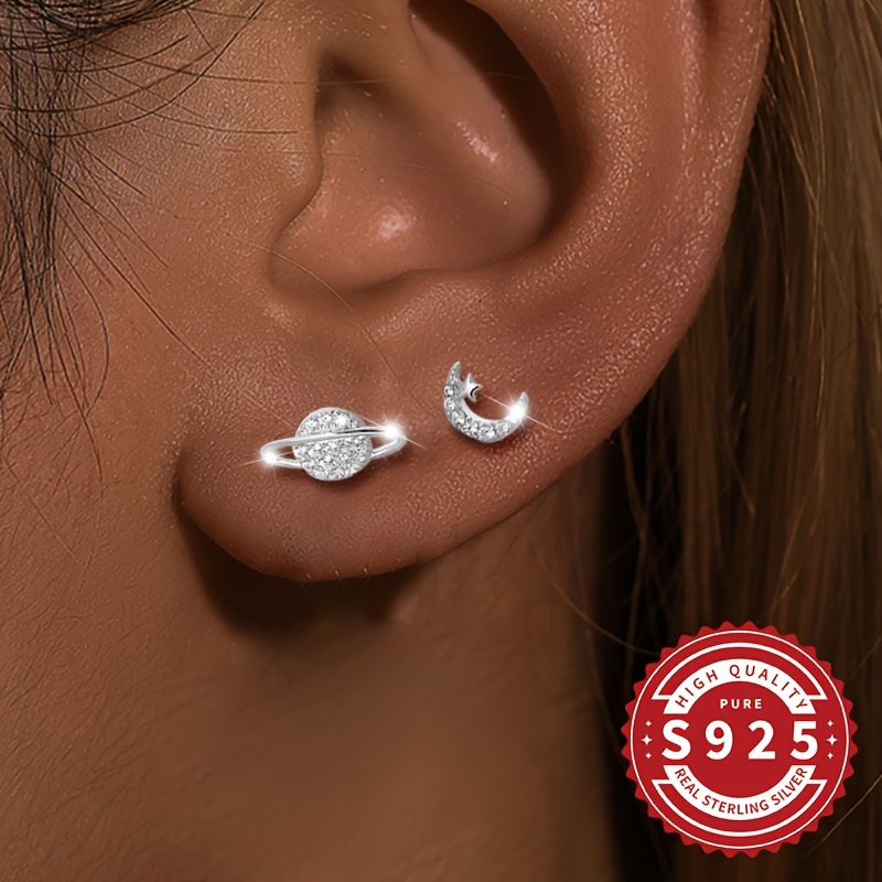 S925 Silver Asymmetrical Moon Planet Earrings, Sci-Fi Inspired