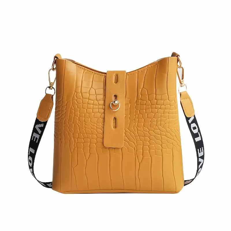 1pc crocodile pattern bucket bag stylish womens crossbody purse with hardware black casual or formal occasions details 6