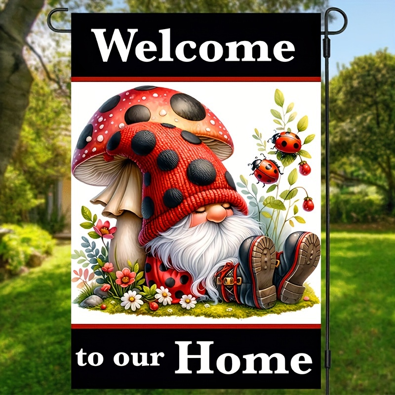 

1pc, Welcome To Our Home Garden Flag Ladybird Gnome Double Sided Print Yard Flag Summer Seasonal House Outdoor Decorations Waterproof Burlap Banner 12*18inch