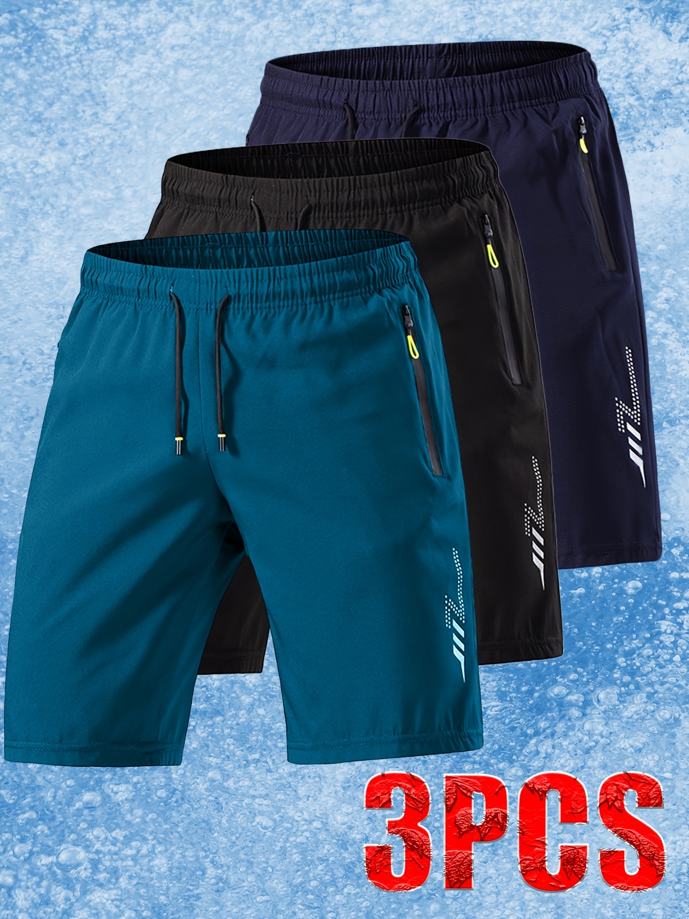 3pcs Men'S Ice Sliky Fiber Fabric Athletic Shorts - Soft Comfortable Fabric with Lightning Bolt Print, Elastic Waistband & Drawstring, Side Pockets, Lightweight Breathable Design for Summer, Travel, Gym, Casual Wear - Solid Color (, Dark, Teal)