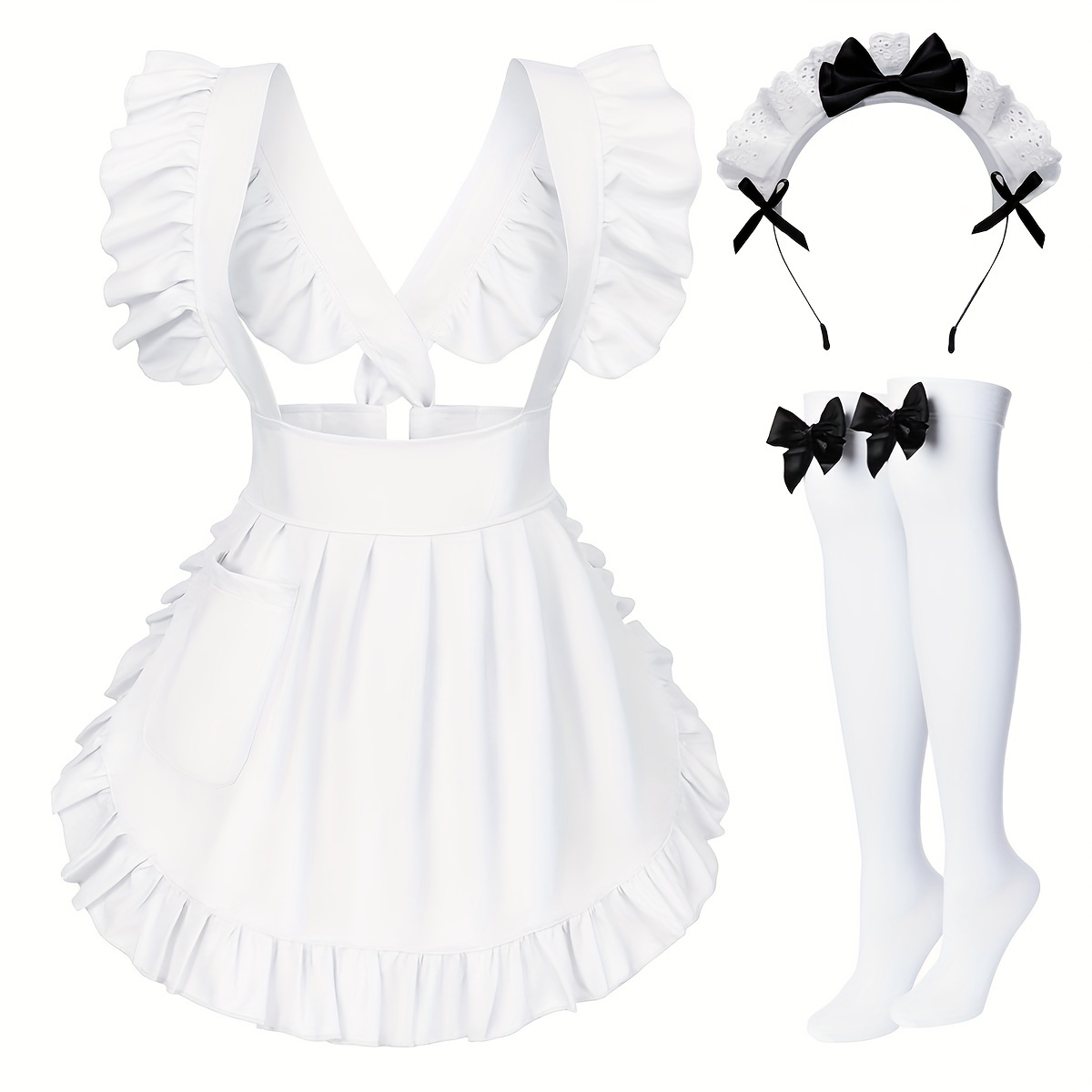 

Costume Accessory Set - Cute Polyester 3-piece Kit With Adjustable Apron, Bow Headband, And White Stockings For Cosplay And Dress-up