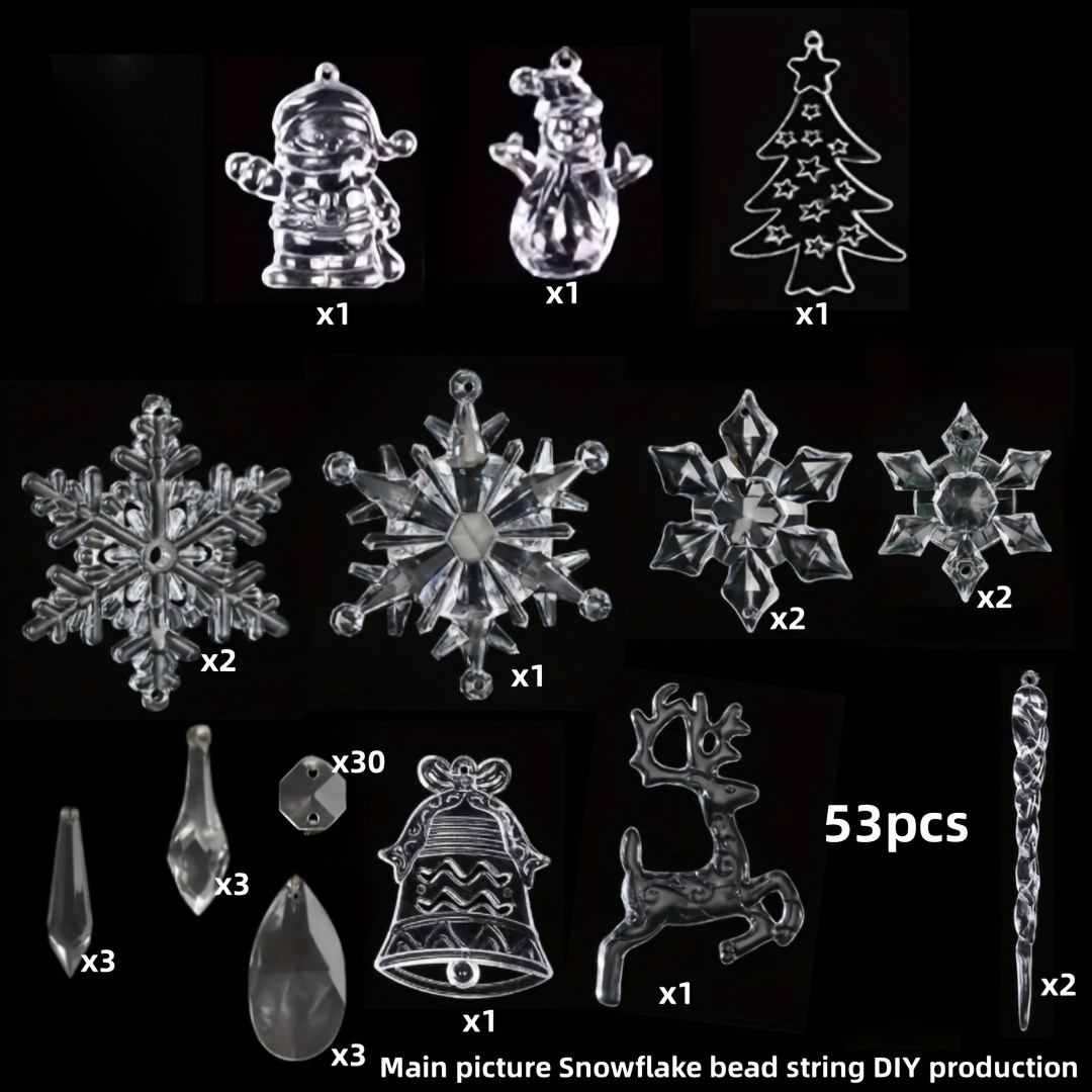 TEMU 2d Flat, 53pcs Of Crystal Christmas Tree Decorations With Multiple Designs, Diy Hanging Acrylic Christmas Icicles, Snowflake Skewers For Winter