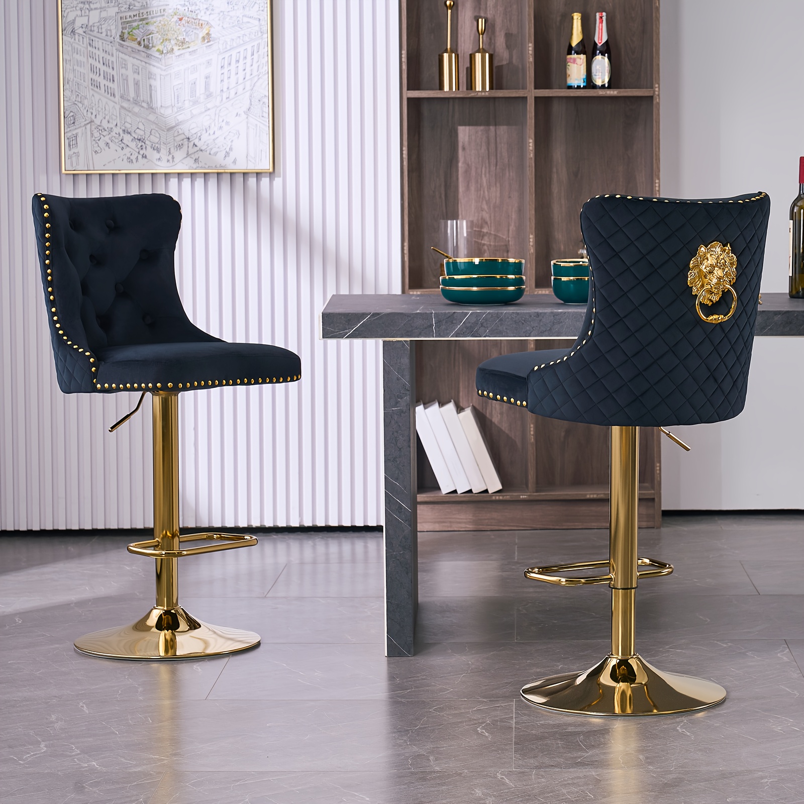 Set of 2 Modern Adjustable Velvet Bar Stools with Lion Head Pull