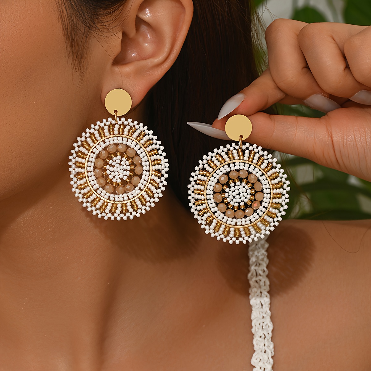 Colorful Beaded Hoop Earrings - Bohemian Large Circle Acrylic Bead Dangle Earrings For Women