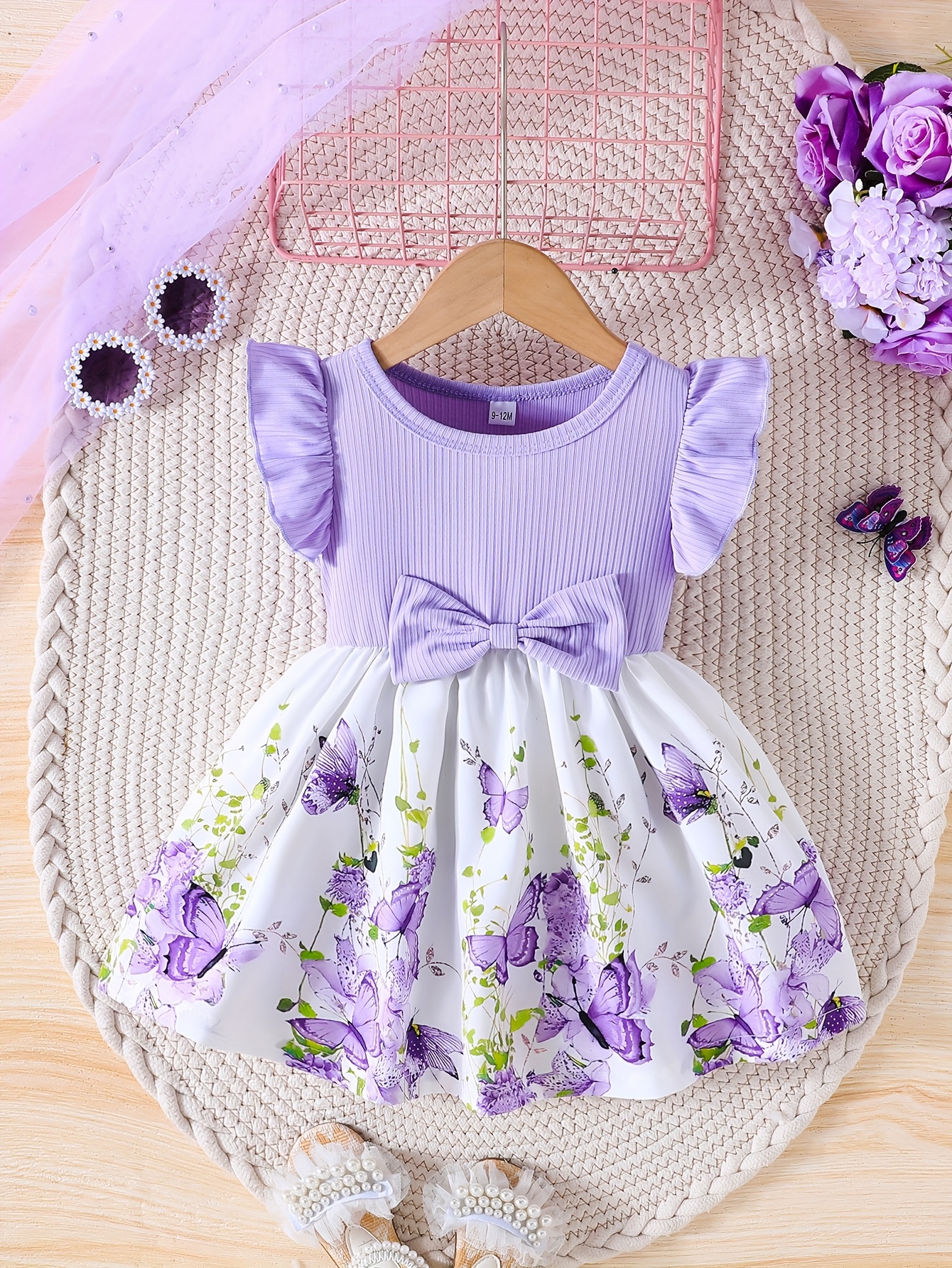Girls' Spring/Summer Ruffled Sleeve Dress with Bow Detail and Elastic Waistband - Green Butterfly Print on White, Knee-Length, Machine Washable