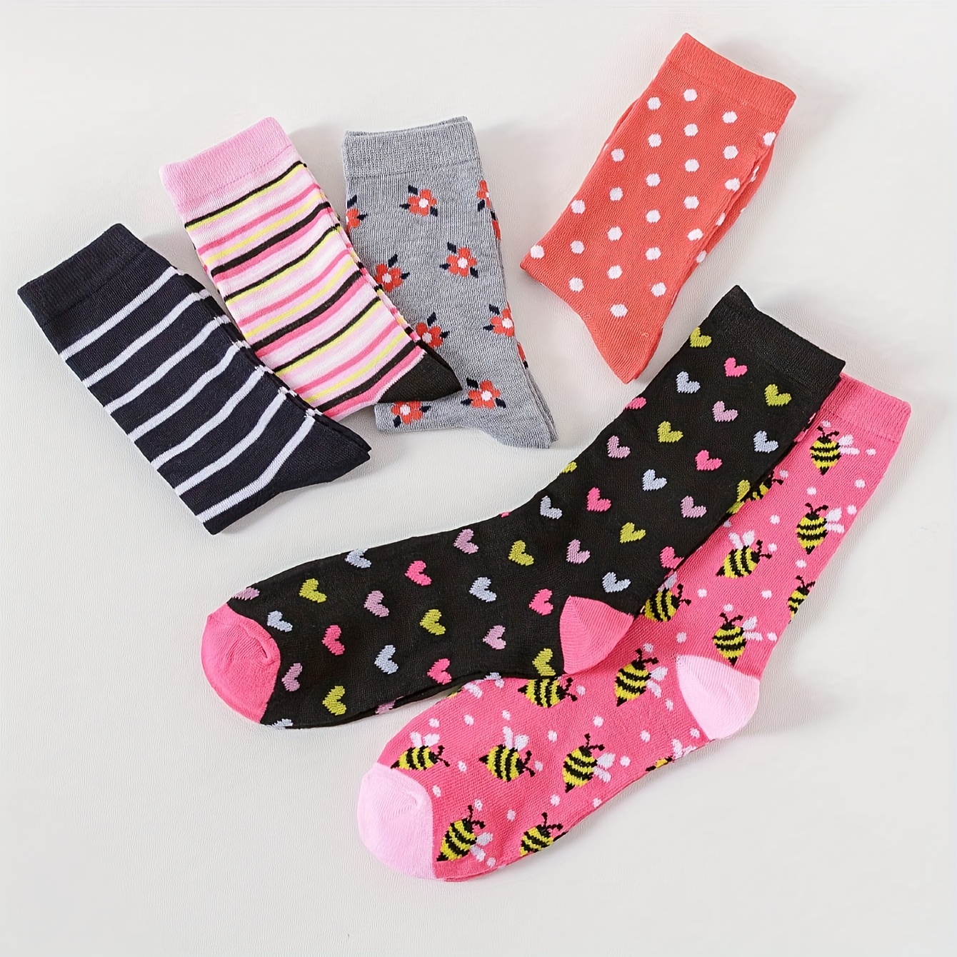 

Women's Calf Socks 6 Pairs - Polyester Knit Fabric With Spandex, Bee Animal Patterns With Stripes And , Hand Washable Mid-tube Socks Set